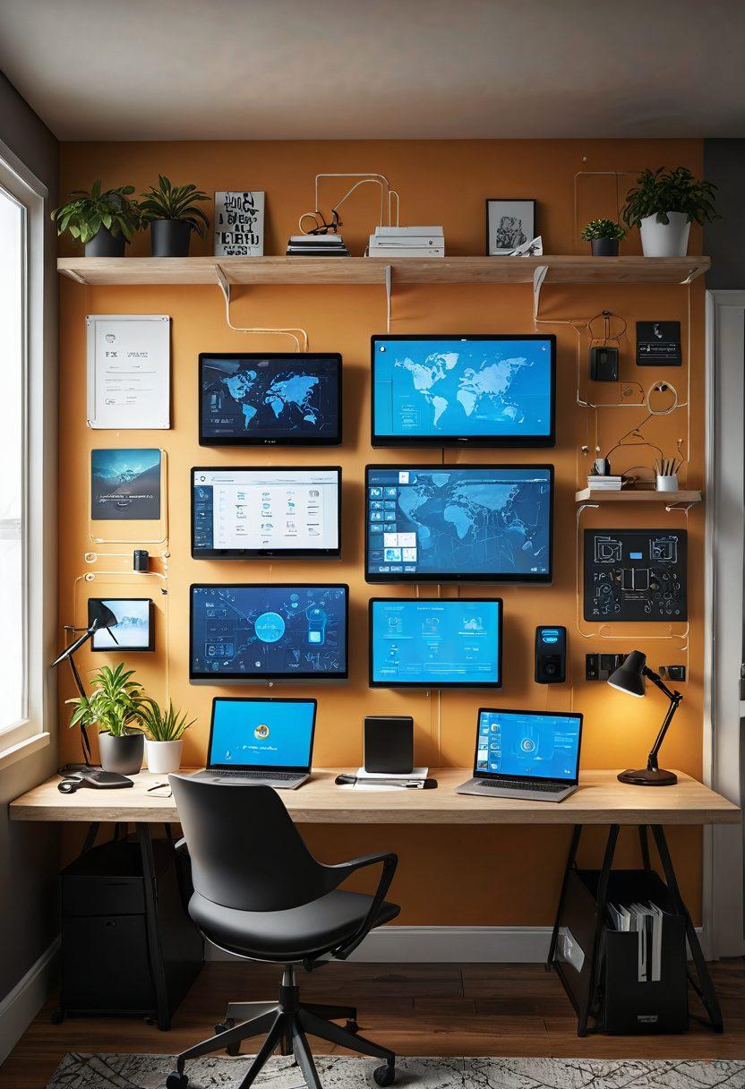 A modern home office setup with a sleek router featuring customizable firmware screens, surrounded by connected devices like smart TVs and laptops. Include a person enthusiastically adjusting settings on a tablet, with a wall full of tech gadgets and network diagrams in the background. Bright, inviting colors to evoke a sense of innovation and technology. super-realistic. vibrant colors. 3D.