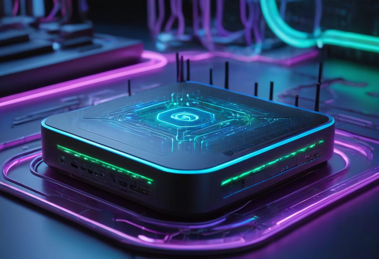 A futuristic router with intricate designs surrounded by vibrant waves of data flowing from it, symbolizing enhanced network performance. Include a glowing lock and keys to represent 'unlocking' features. The background should depict a high-tech digital landscape with abstract nodes and connections. super-realistic. vibrant colors. cyberpunk.